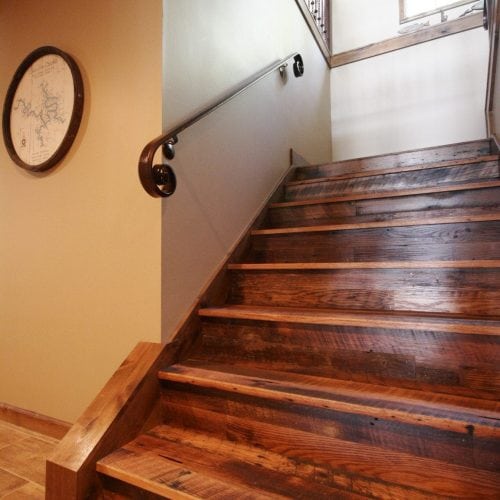 reclaimed wood stairs in house new construction lake ozark missouri
